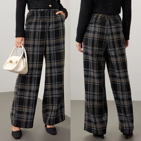 Slate & Willow Pants - SLATE & WILLOW Pants Womens Small Black Tweed Wide Leg Trousers Plaid
